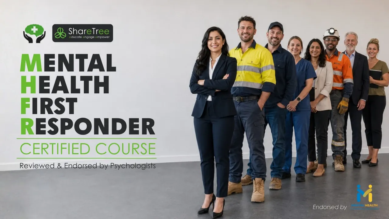 Mental Health First Responder certified course: people from an office, a worksite, a clinic and a leadership team standing together