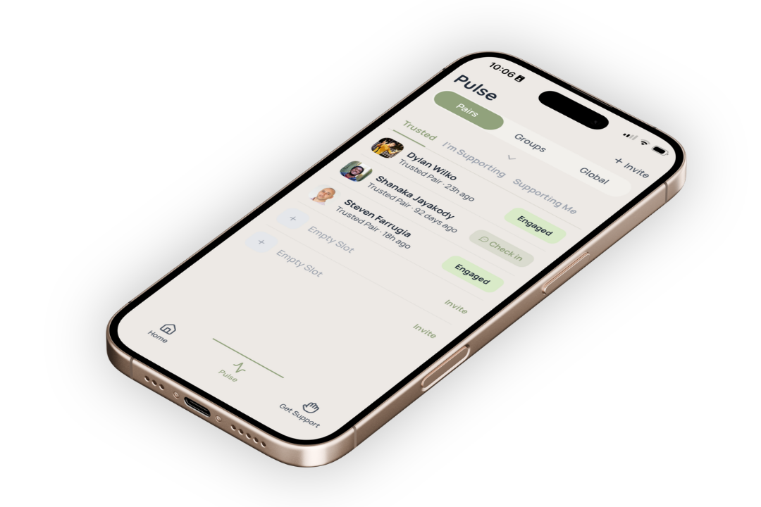 Emotional Pulse app mockup showing trusted pairs sharing their daily mood check-ins