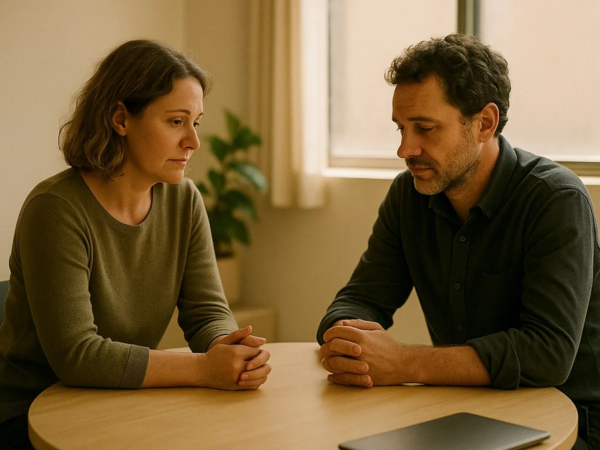 A leader listening to a colleague across a small table