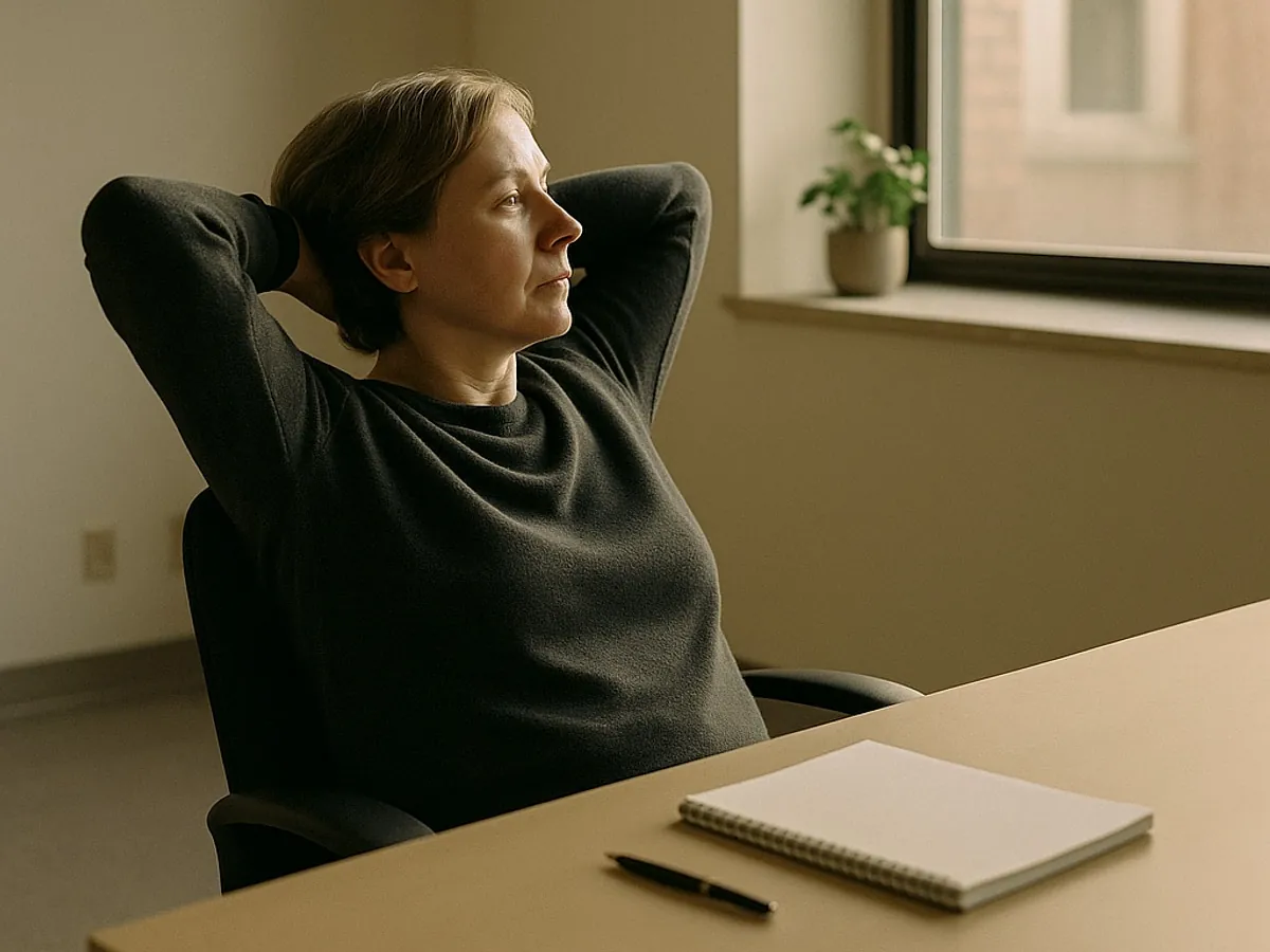 A woman pausing at her desk, looking out of the window